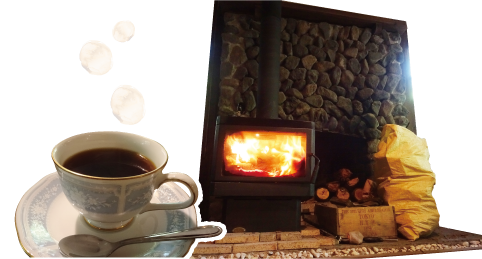 コーヒーカップと暖炉